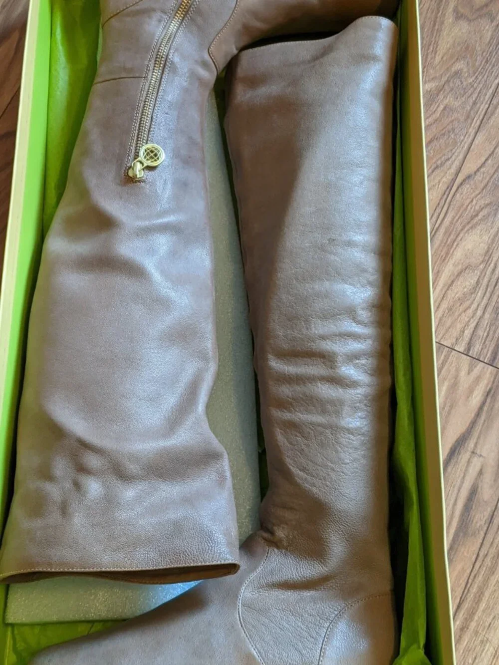 Max Studio Holden Taupe Tan Leather Over The Knee Slouch Boots NIB Size 37 US 7